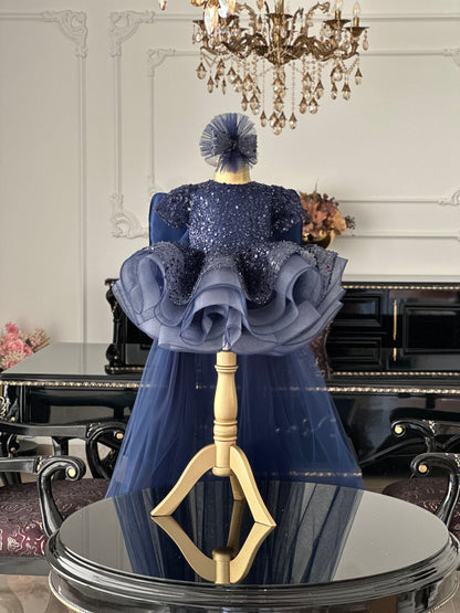 Shiny Lacivert Tül Kuyruklu Kelebek Elbise