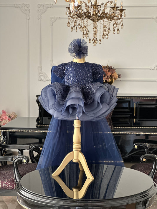 Shiny Lacivert Tül Kuyruklu Kelebek Elbise