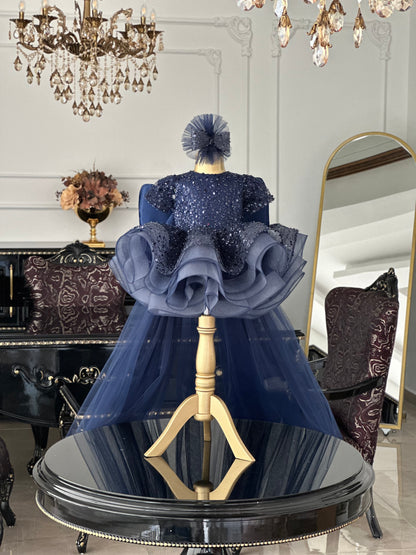 Shiny Lacivert Tül Kuyruklu Kelebek Elbise