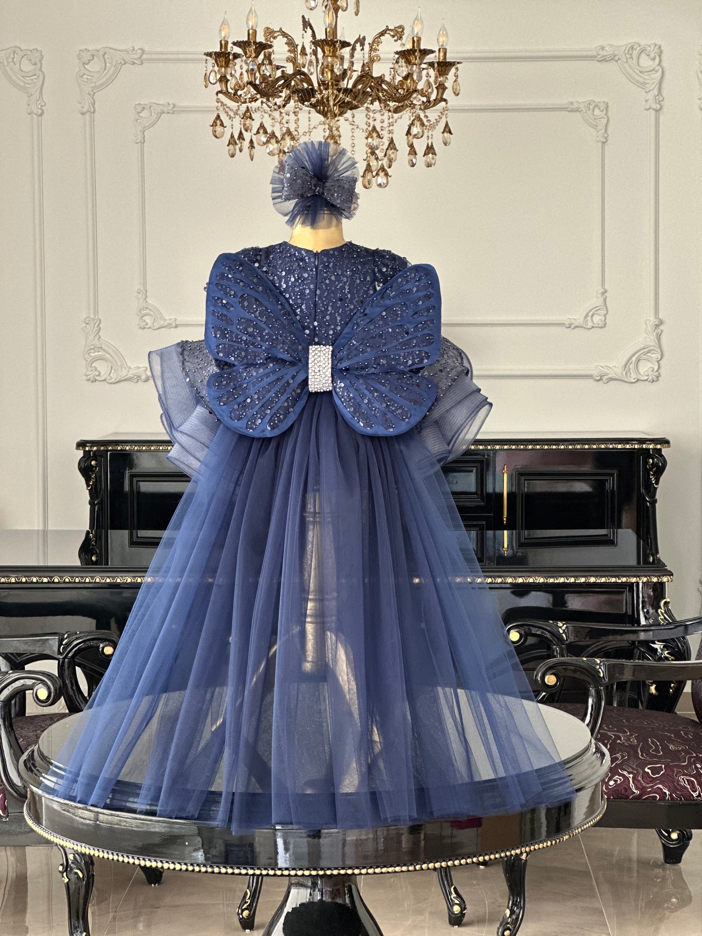 Shiny Lacivert Tül Kuyruklu Kelebek Elbise