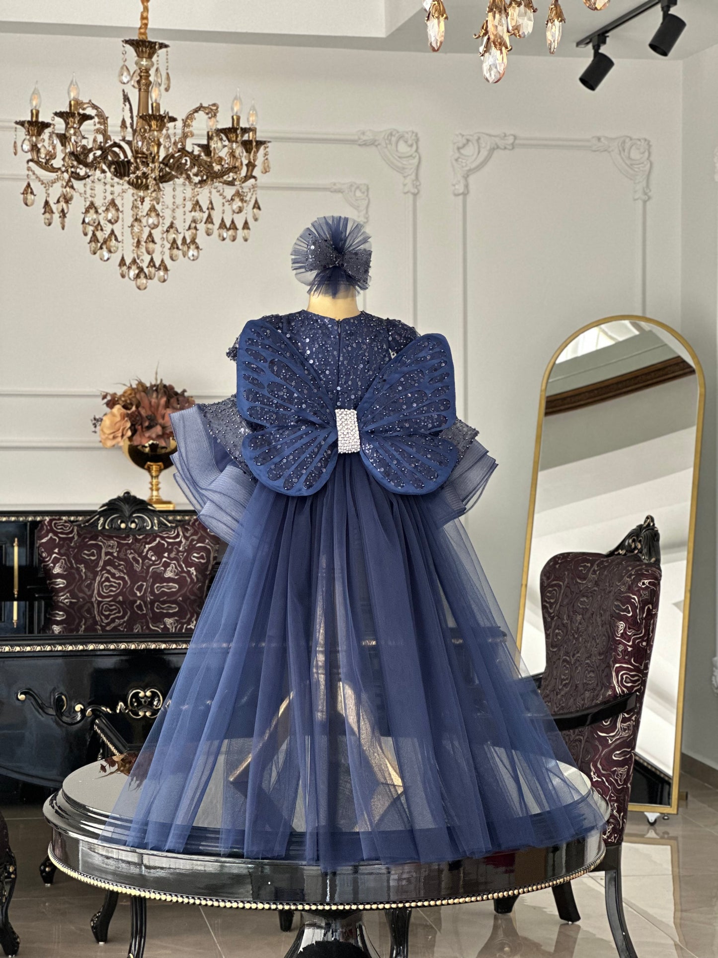 Shiny Lacivert Tül Kuyruklu Kelebek Elbise