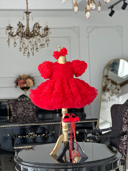 Rose Fırfırlı Kırmızı Abiye Elbise