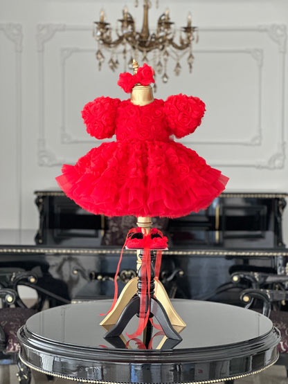 Rose Fırfırlı Kırmızı Abiye Elbise