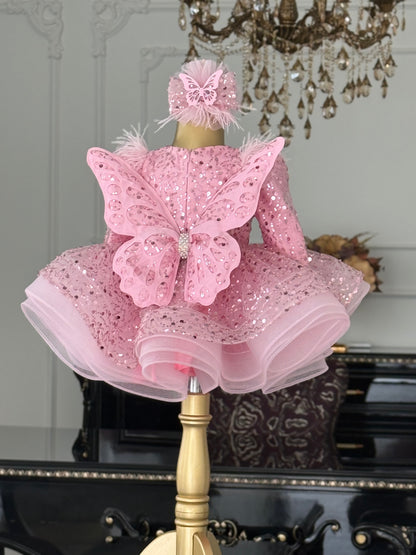 Shiny  Pembe Yeni Kelebek Kanatlı Elbise