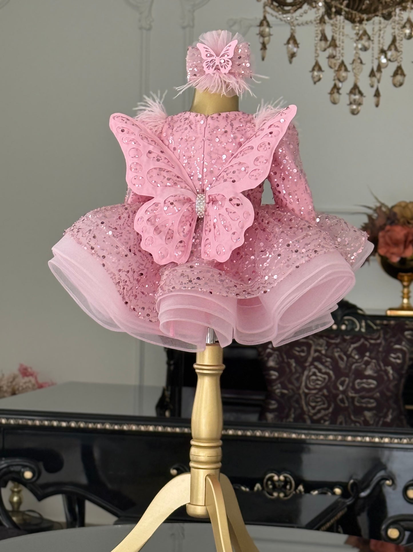 Shiny  Pembe Yeni Kelebek Kanatlı Elbise