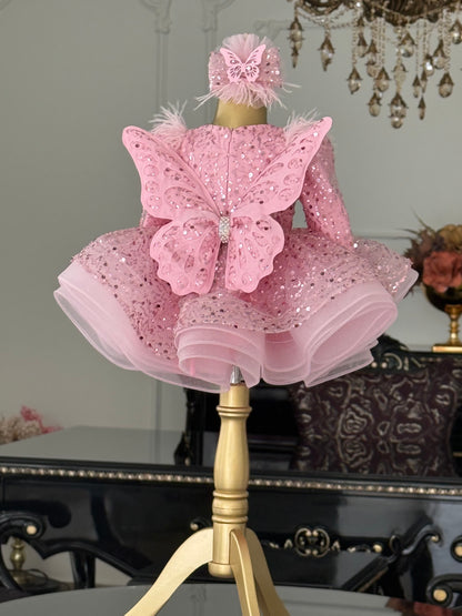 Shiny  Pembe Yeni Kelebek Kanatlı Elbise