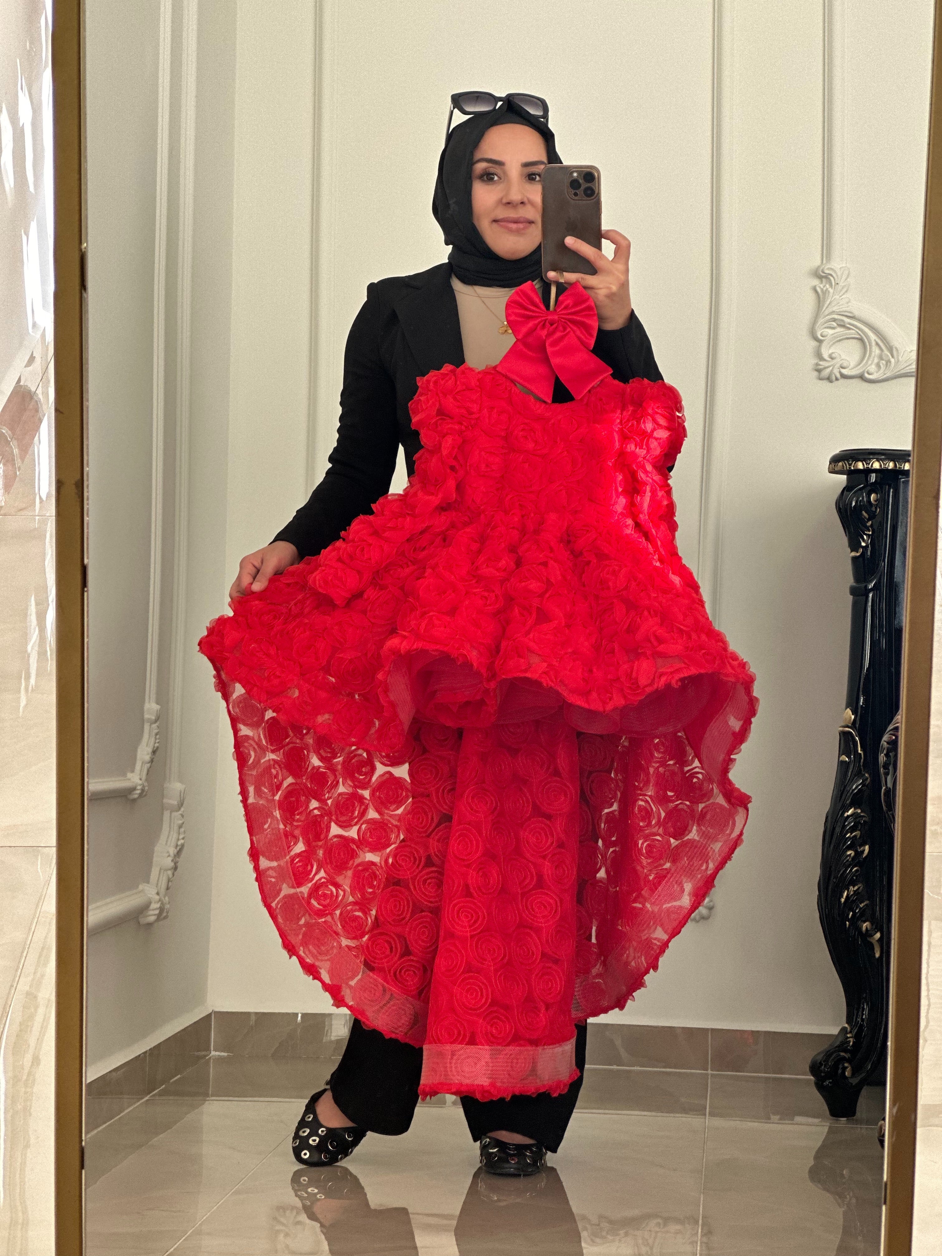 kırmızı rose kumaş kız çocuk abiye elbise, üç boyutlu gül dokusu