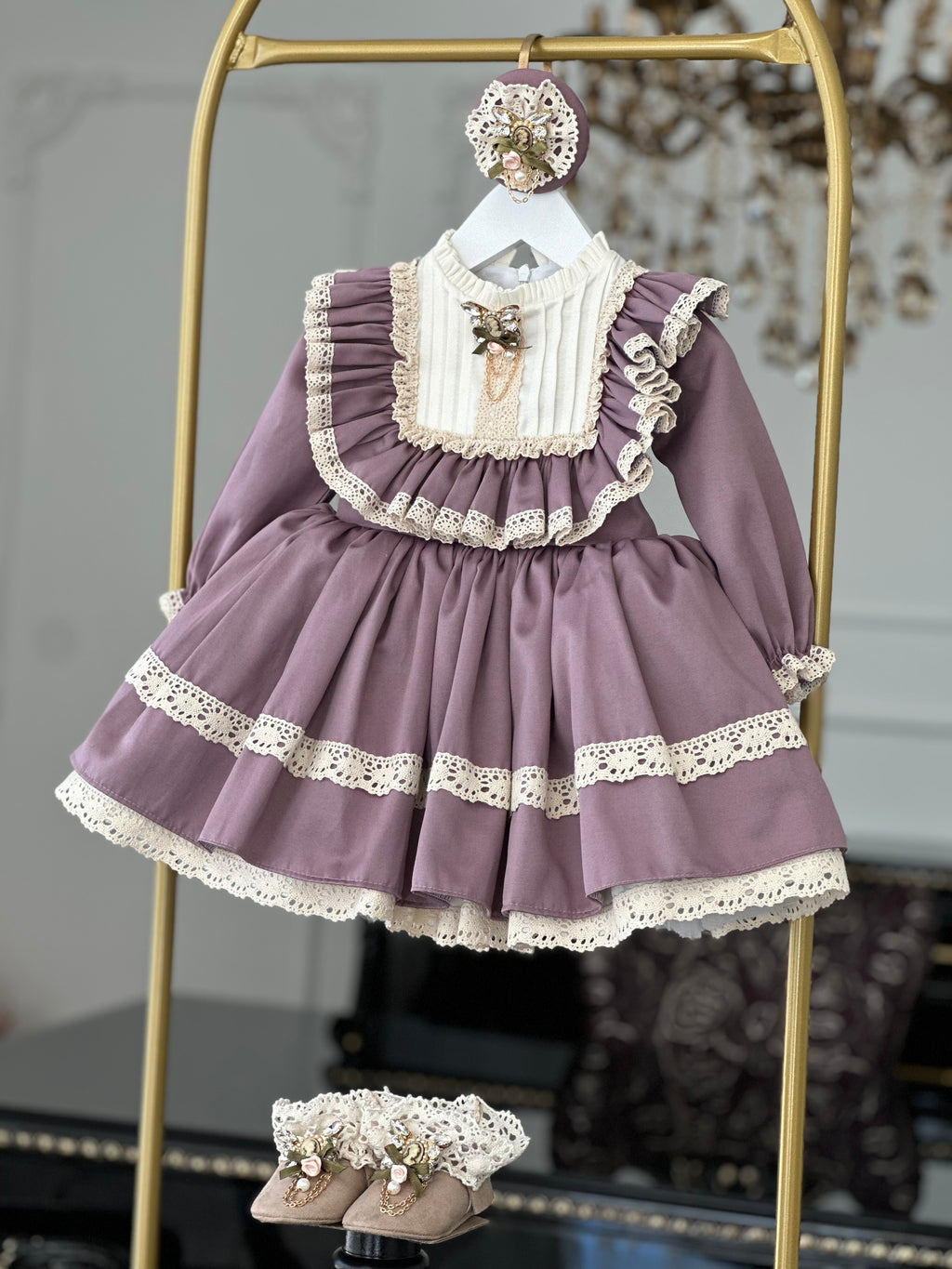 eflatun vintage elbise dantel şerit detayı
