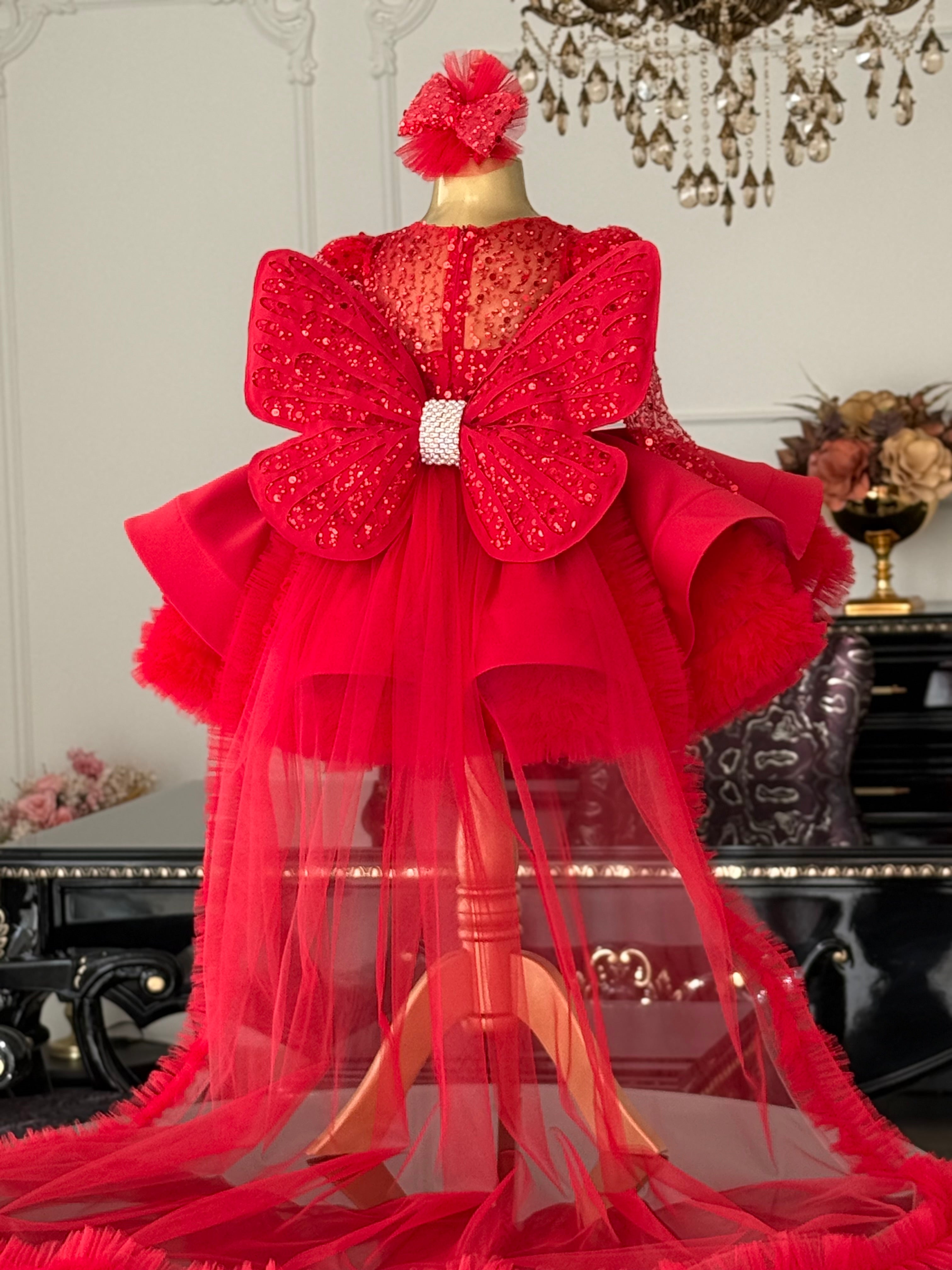 kırmızı kelebek elbise saten peplum etek