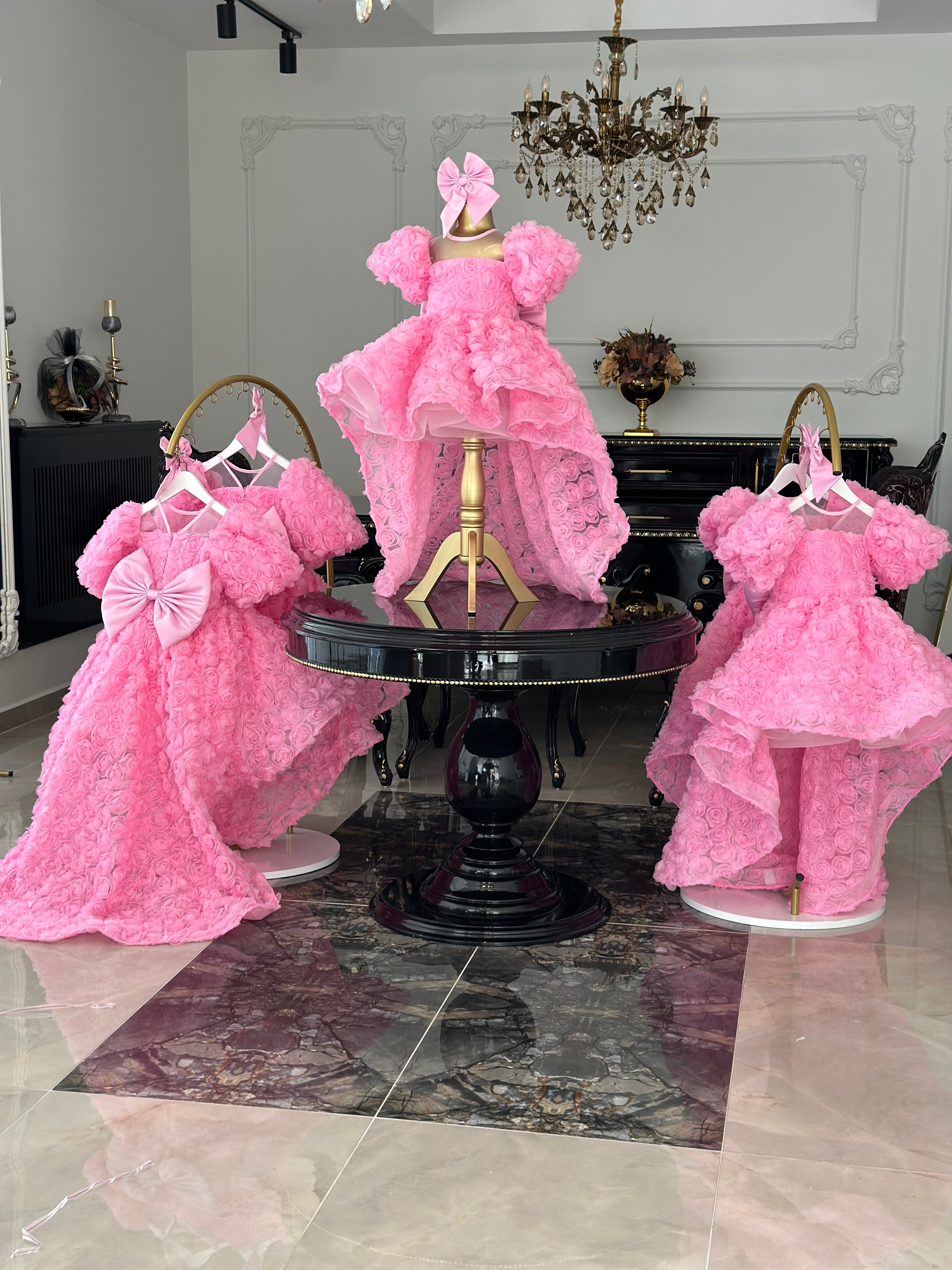 pembe rose kumaş kuyruklu kız çocuk elbise