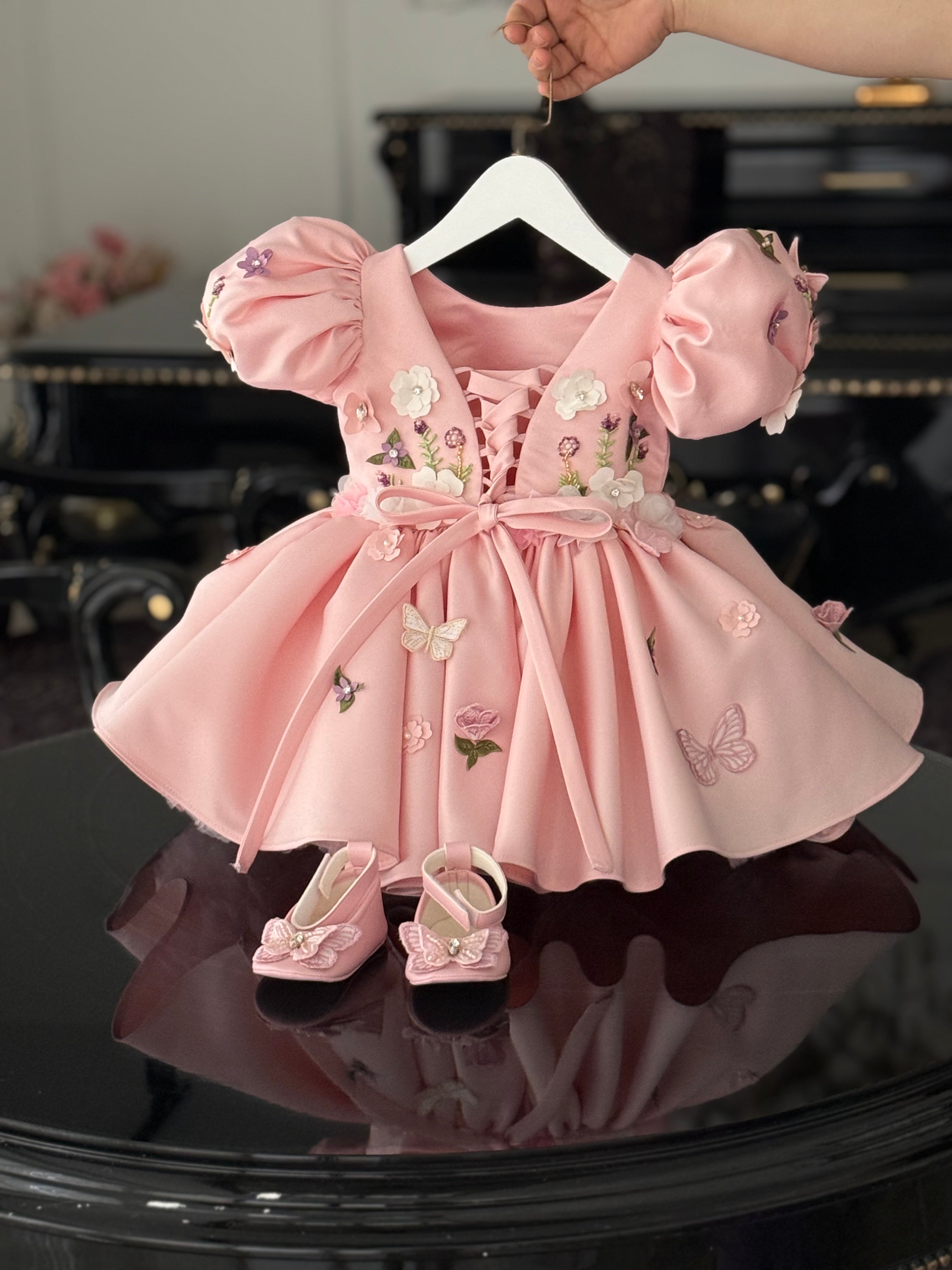 royal flower pembe saten abiye, üç boyutlu çiçek aplikeler