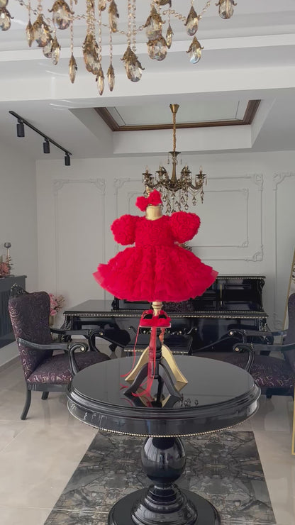 Rose Fırfırlı Kırmızı Abiye Elbise