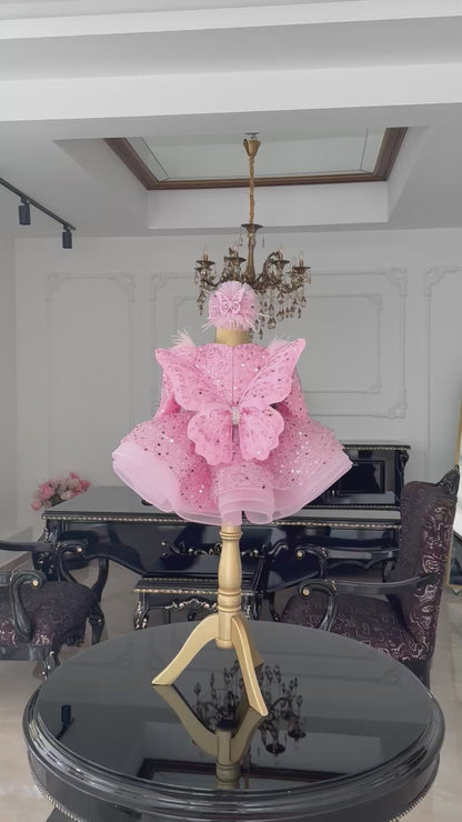 Shiny  Pembe Yeni Kelebek Kanatlı Elbise