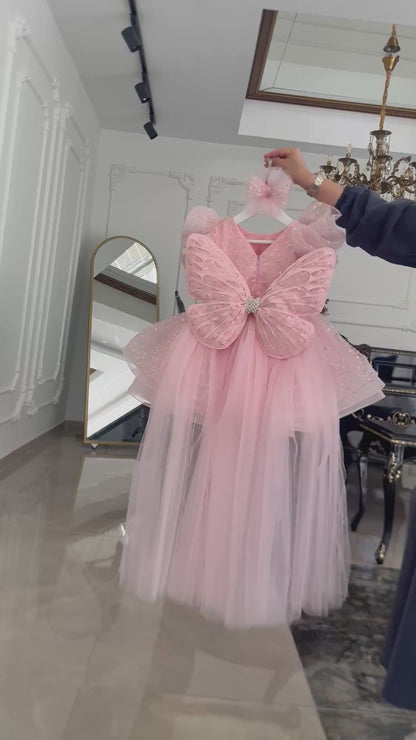 Volan Kol Pembe Shiny Abiye Elbise
